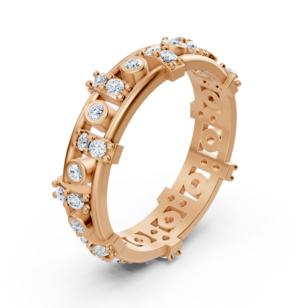 Bague mémoire en or rose 14 carats avec diamants - bague femme moderne avec sertissage à griffes et lunette