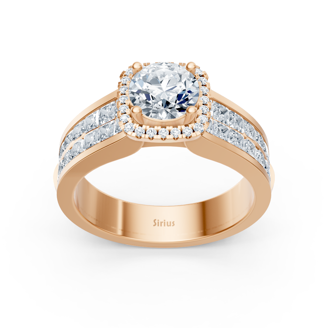 Bague de fiançailles extravagante en diamant taille princesse et brillant en or rose 14 carats