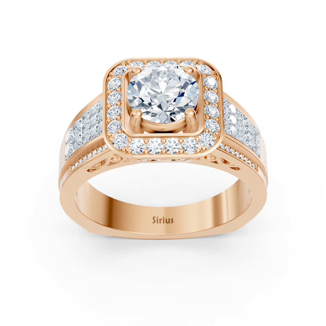 Bague de fiançailles scintillante en or rose 14 carats avec diamants taille princesse et brillant