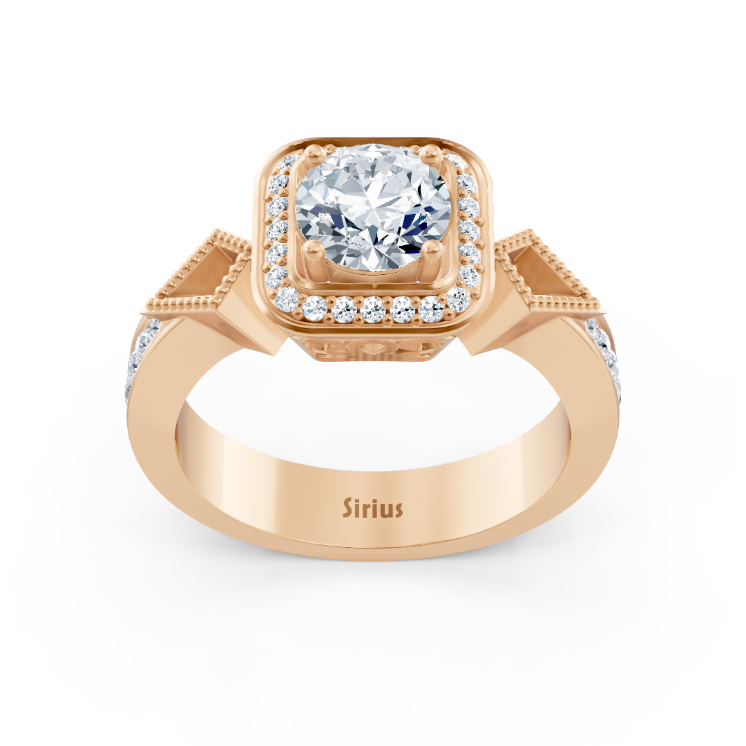 Bague de fiançailles halo en or rose avec diamants latéraux
