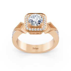 Bague de fiançailles halo en or rose avec diamants latéraux