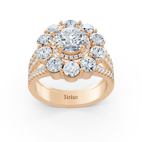 Bague halo en or rose avec diamants, émeraudes et rubis