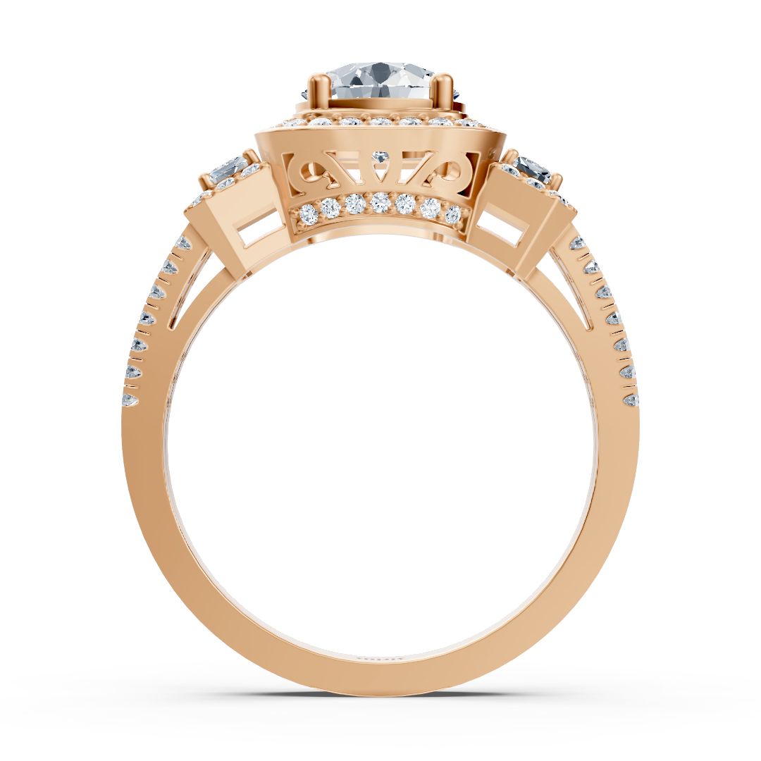 Bague trois pierres et halo de diamants en or rose