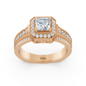 Birgie Sirius rose gold diamond &amp; sapphire halo ring with princess &amp; round cut