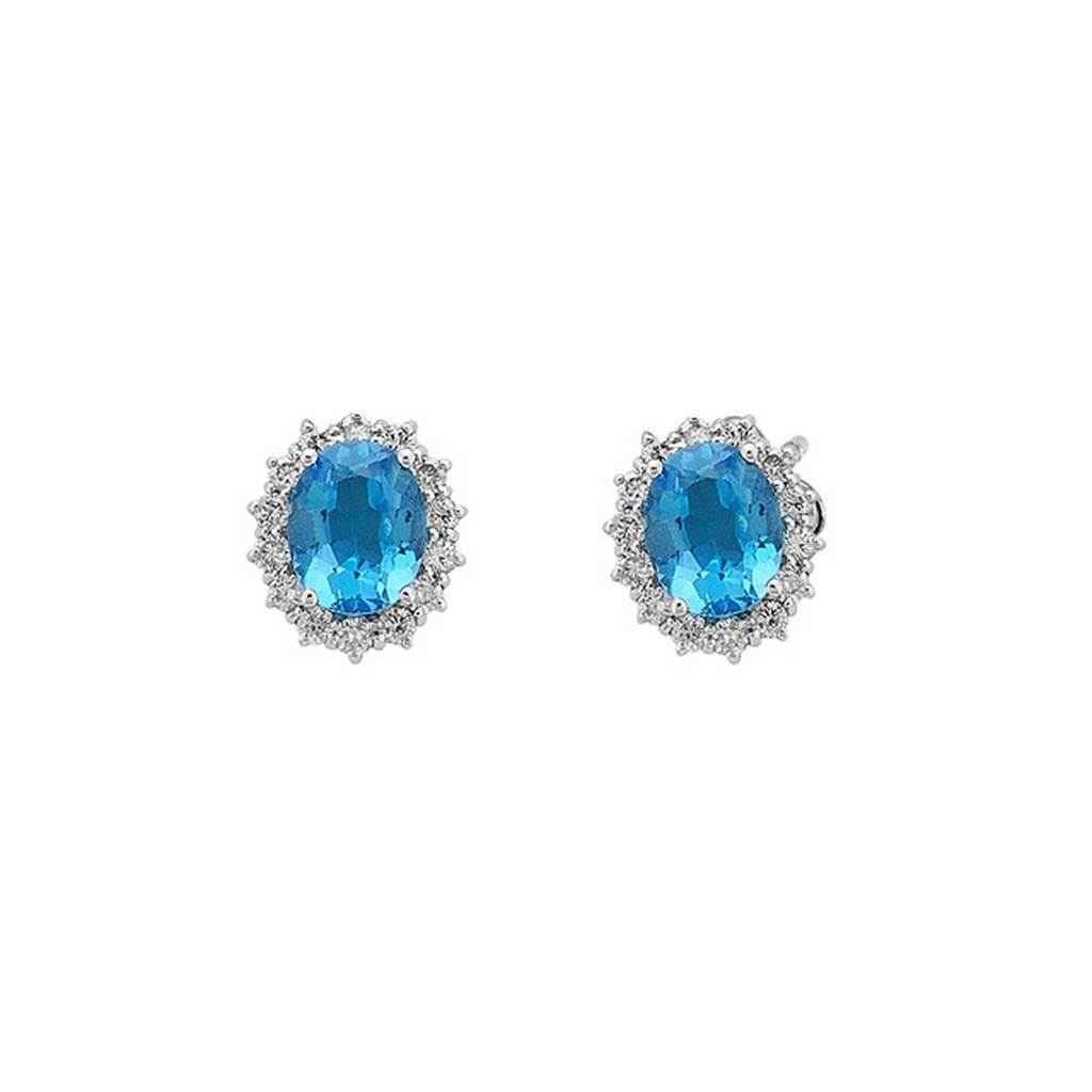 Diamant und Oval Schliff Blauer Topas Ohrringe