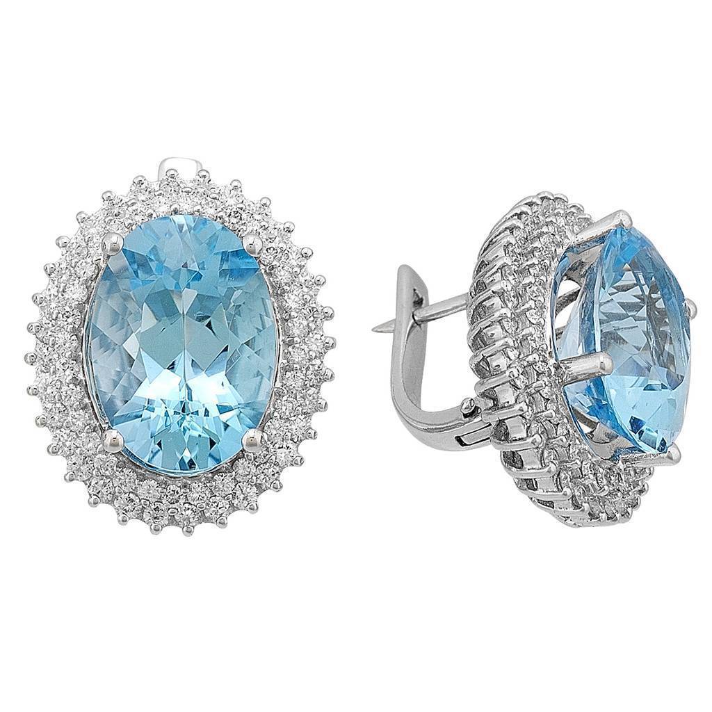 Diamant und Oval Schliff Blauer Topas Ohrstecker