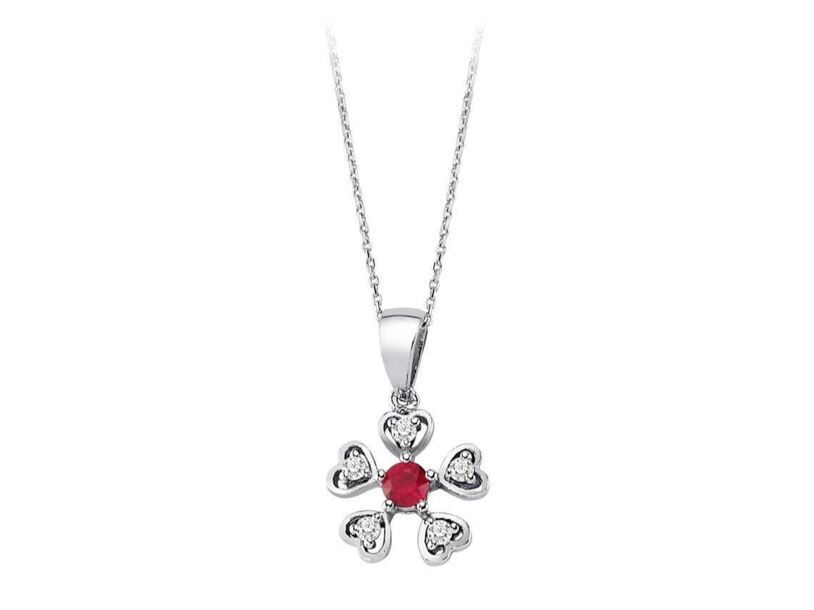 Diamant und Rubin Blumen Herz Halskette