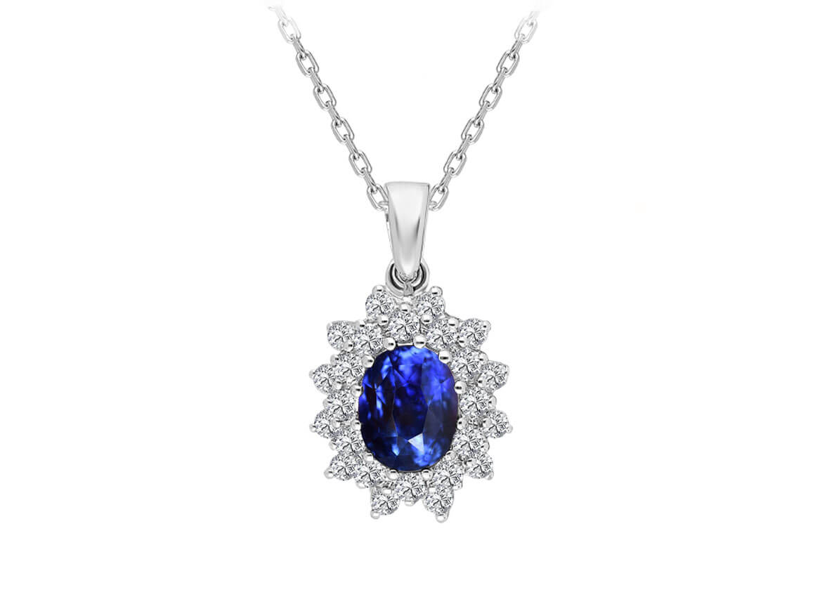 Zweireihe Diamant und Oval Saphir Halskette