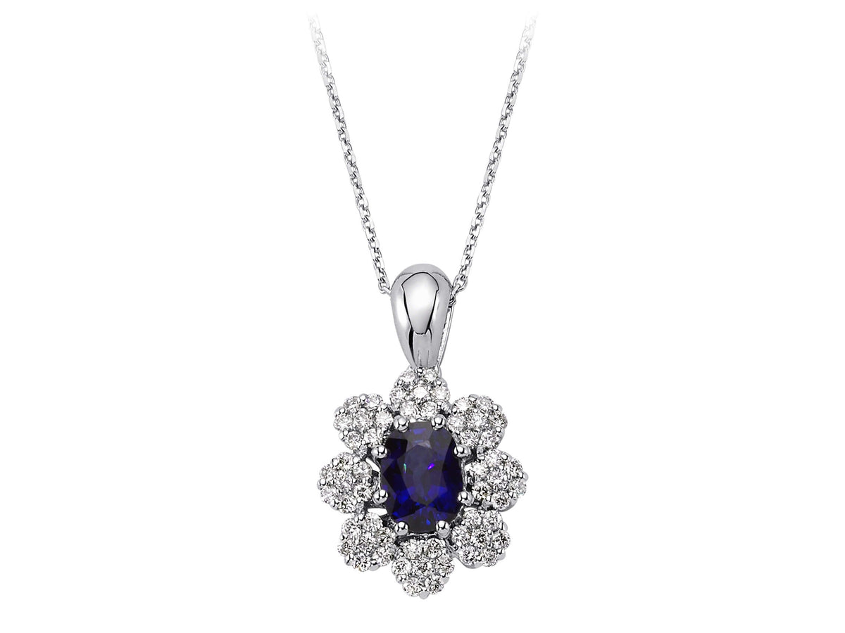 Diamant und Oval Saphir Blumen Halskette