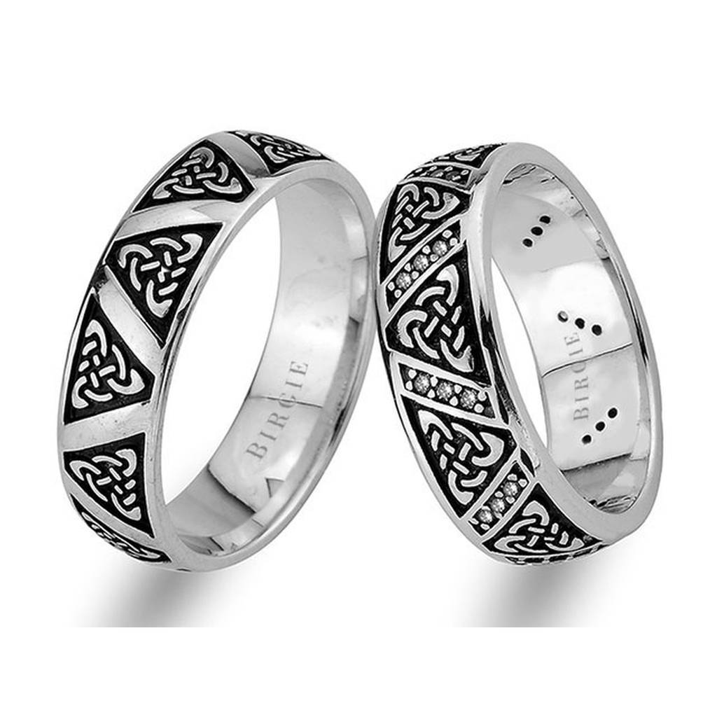 Tribal Design White Gold Wedding Band w/ Diamonds