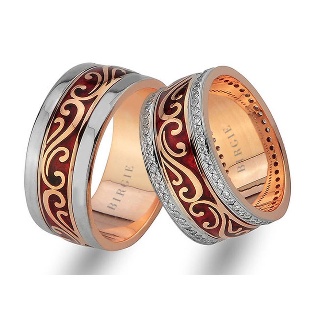 Floral Design Rose Gold Wedding Band w/ Twin Line Diamonds