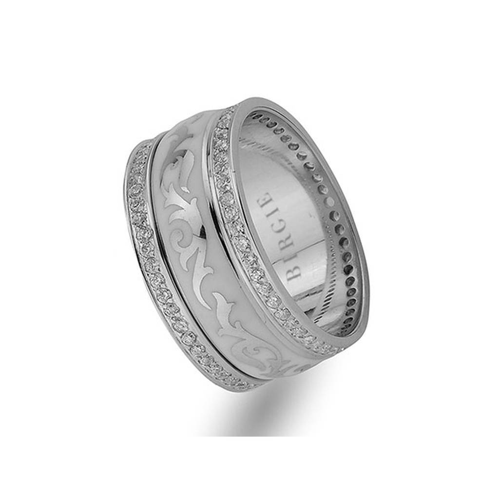 Floral Design White Gold Wedding Band w/ Twin Line Diamonds