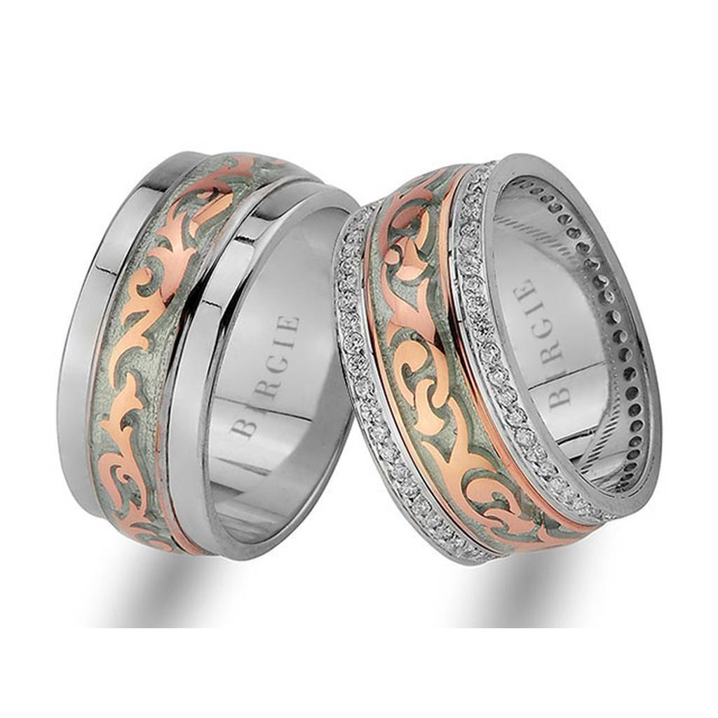 Floral Design Rose and White Gold Wedding Band w/ Twin Line Diamonds