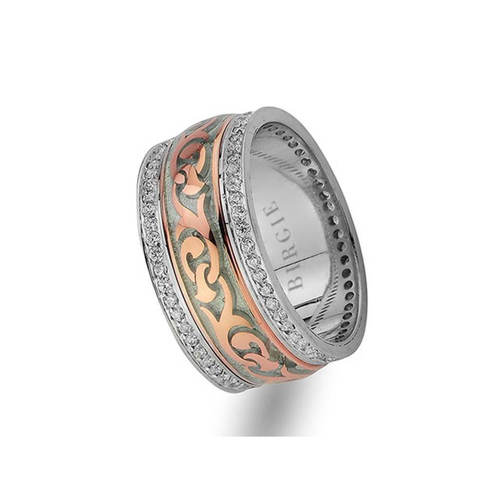 Floral Design Rose and White Gold Wedding Band w/ Twin Line Diamonds