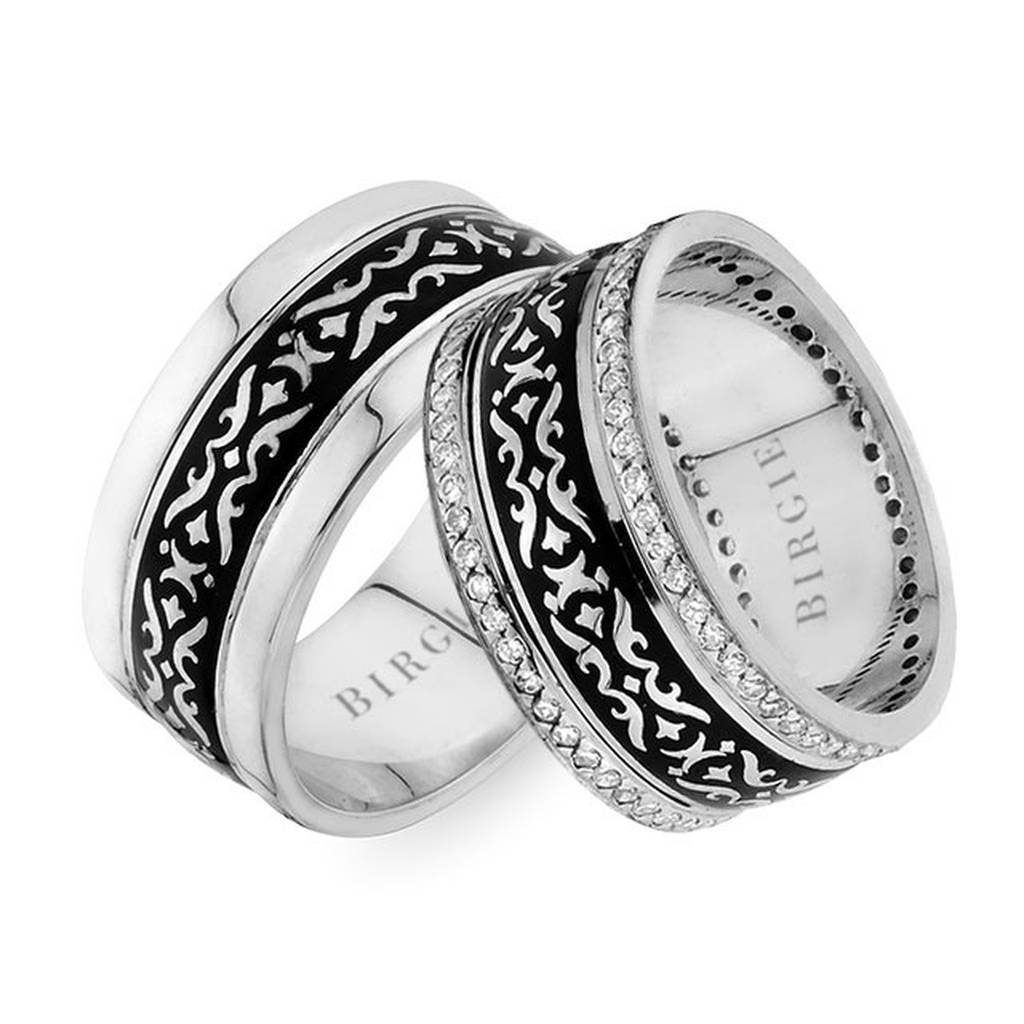 Phrygian Design White Gold Wedding Band w/ Twin Line Diamonds