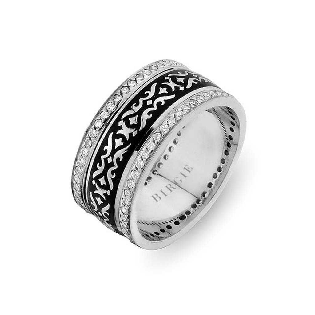 Phrygian Design White Gold Wedding Band w/ Twin Line Diamonds