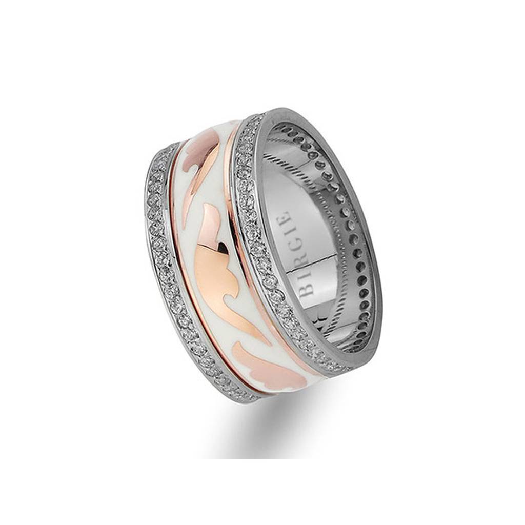 Stylish Design White and Rose Gold Wedding Band w/ Twin Line Diamonds