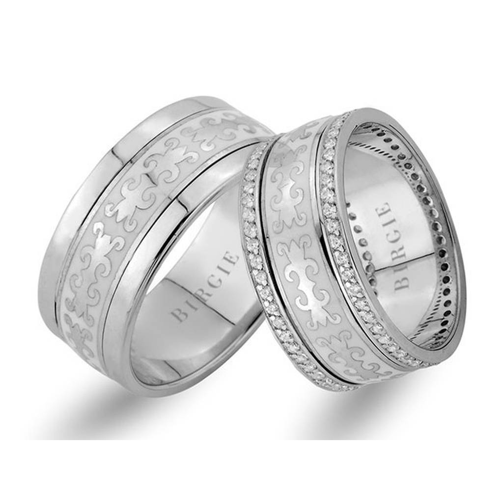 Byzantine Design White Gold Wedding Band w/ Twin Line Diamonds