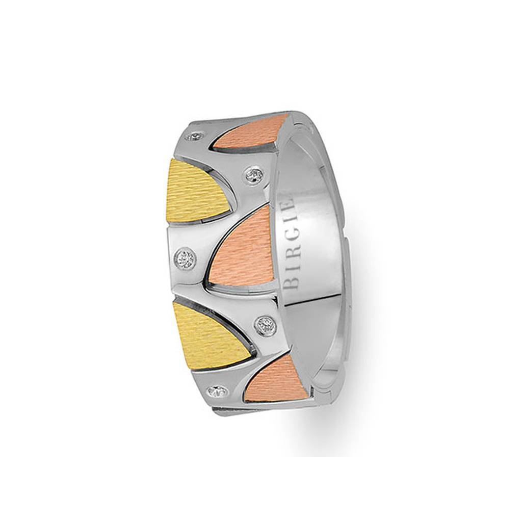 Abstract Design White, Yellow and Rose Gold Wedding Band w/ Diamonds