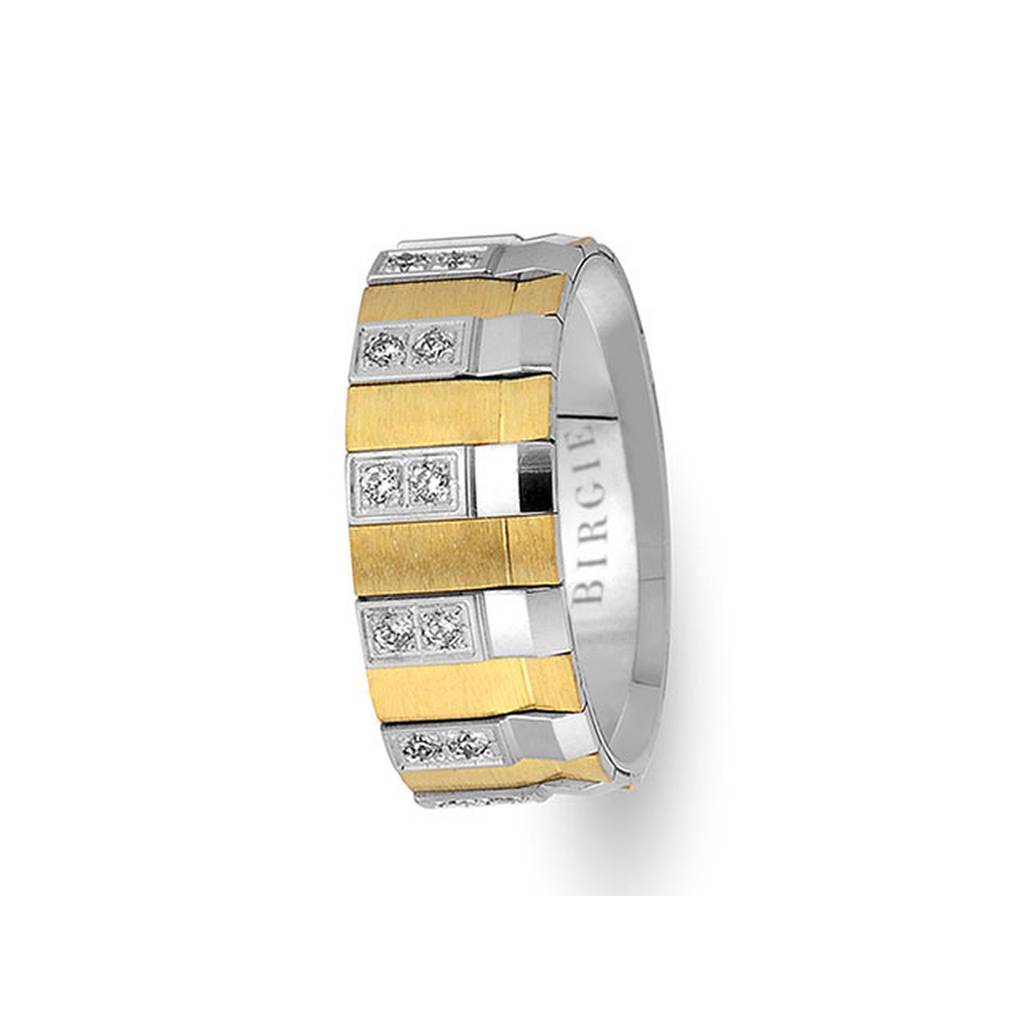 Geometric Design White and Yellow Gold Wedding Band w/ Diamonds