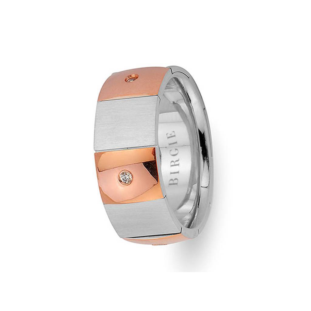 Sanded Rose and White Gold Chequered Wedding Band w/ Diamonds