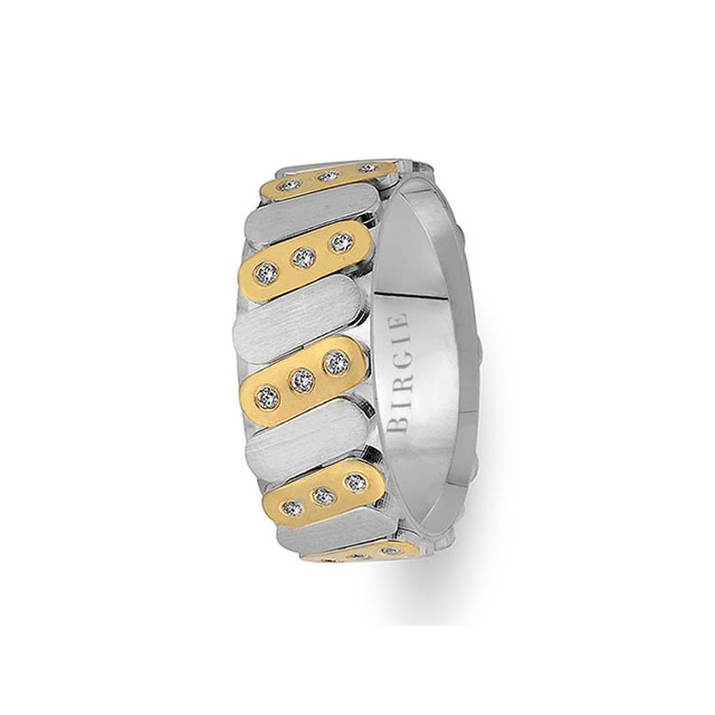 Diagonal Design White and Yellow Gold Wedding Band w/ Diamonds