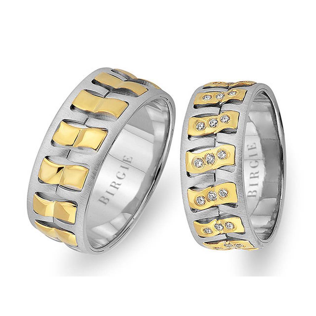 Diagonal Design White and Yellow Gold Wedding Band w/ Diamonds