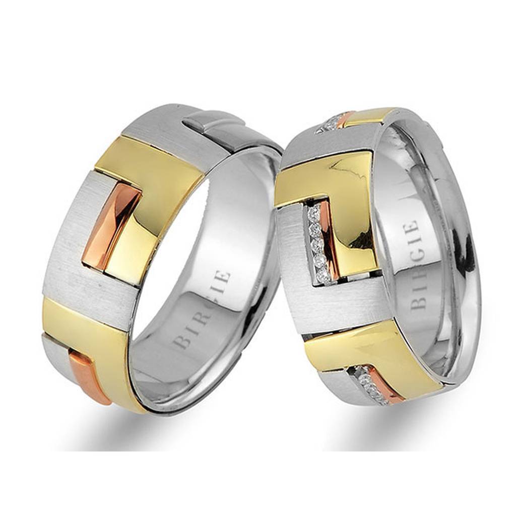 Rose, White and Yellow Gold Modern Wedding Band w/ Diamonds