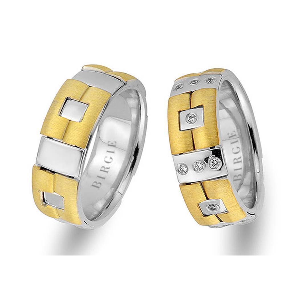 Sanded White and Yellow Gold Pavilion Wedding Band w/ Diamonds