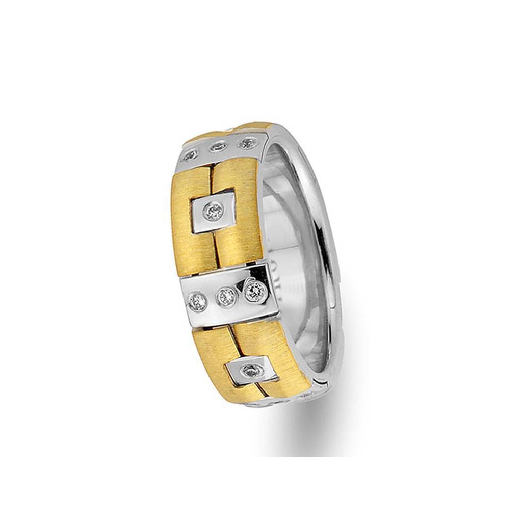 Sanded White and Yellow Gold Pavilion Wedding Band w/ Diamonds