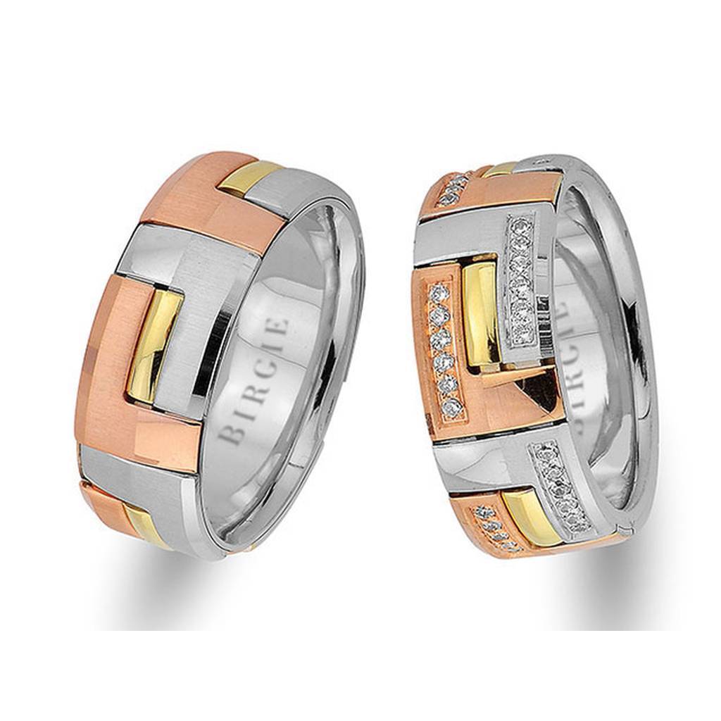 Rose, White and Yellow Gold Stylish Wedding Band w/ Twin Line Diamonds