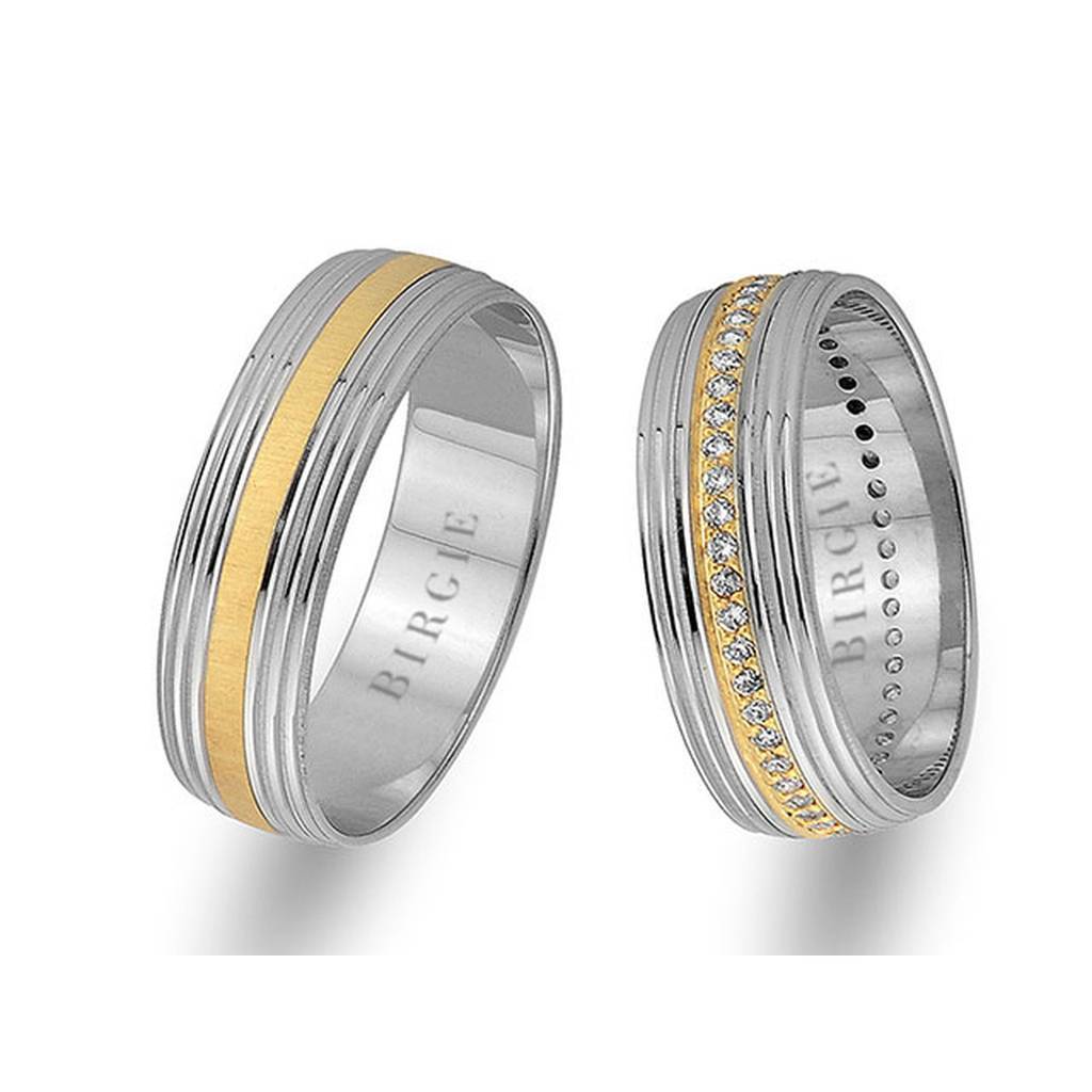 White and Yellow Gold Grooved Wedding Band w/ Diamonds