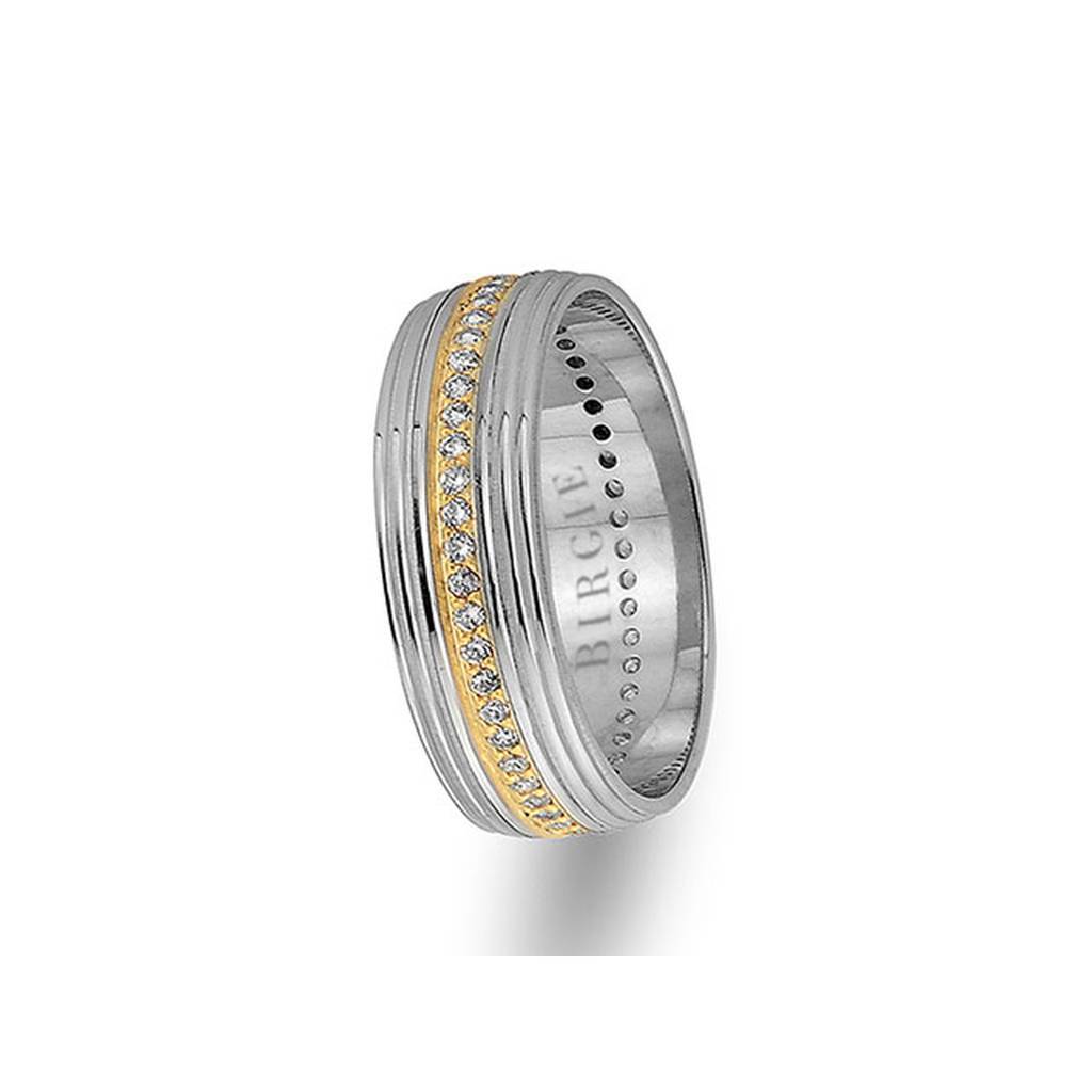 White and Yellow Gold Grooved Wedding Band w/ Diamonds