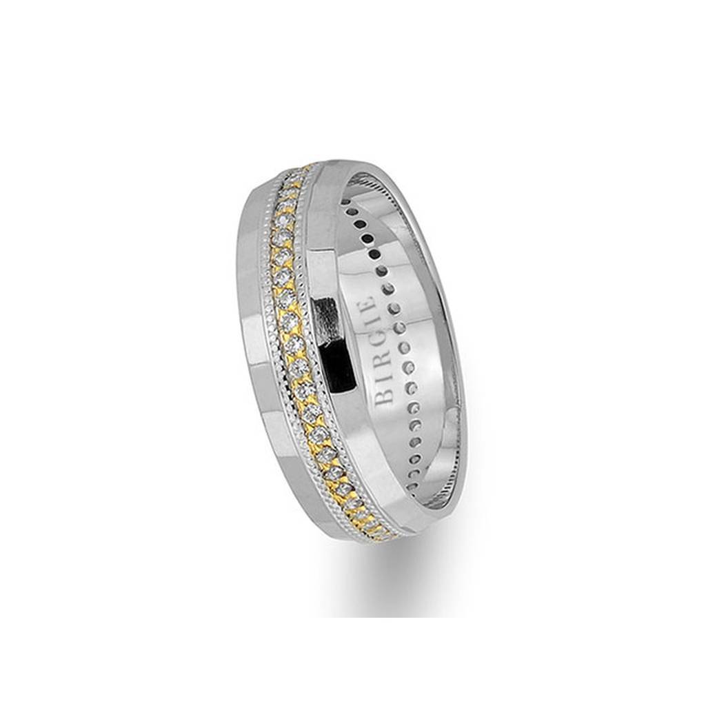 White and Yellow Gold Patterned Wedding Band w/ Diamonds