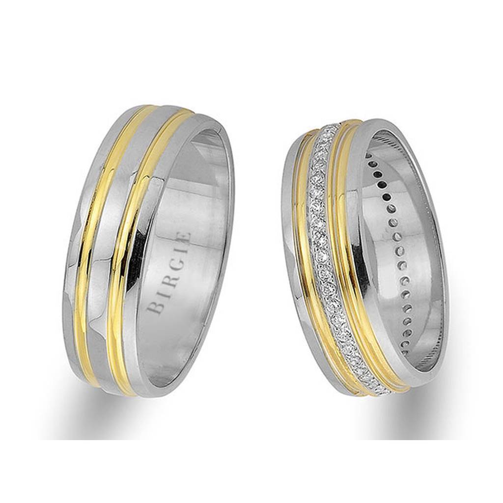 White and Yellow Gold Grooved Classical Wedding Band w/ Diamonds