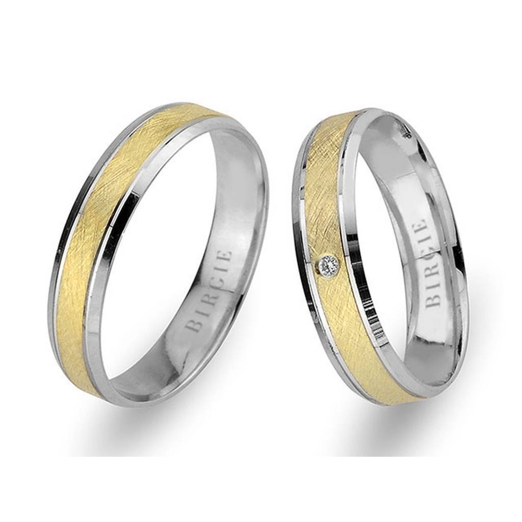 White and Yellow Gold Matt Classical Wedding Band w/ Single Diamond