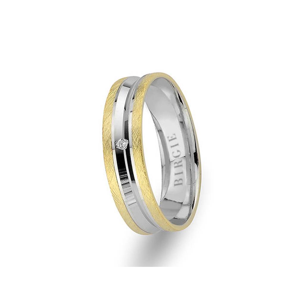 White and Yellow Gold Matt Classical Grooved Wedding Band w/ Single Diamond