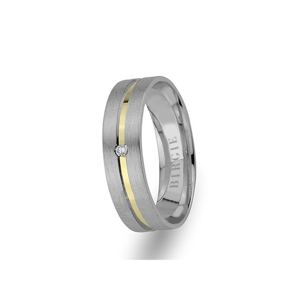 White and Yellow Gold Matt Classical Wedding Band w/ Single Diamond