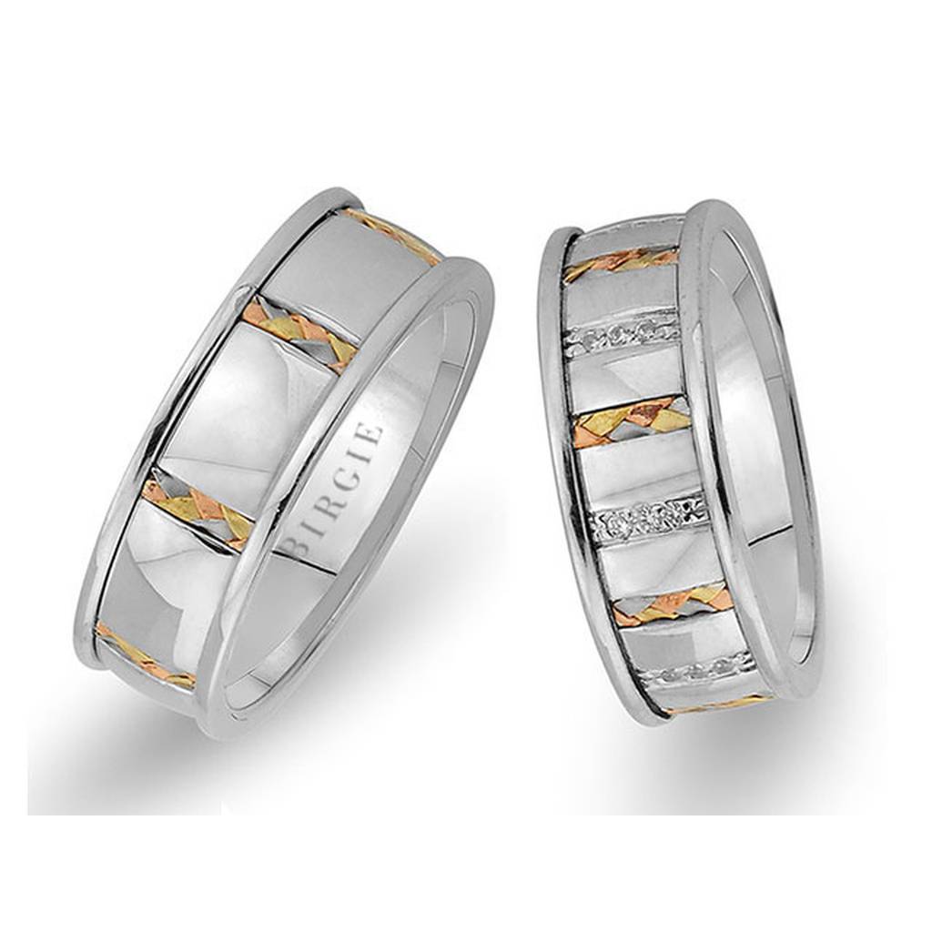 Braided Design White Gold 3 Coloured Wedding Band w/ Diamonds