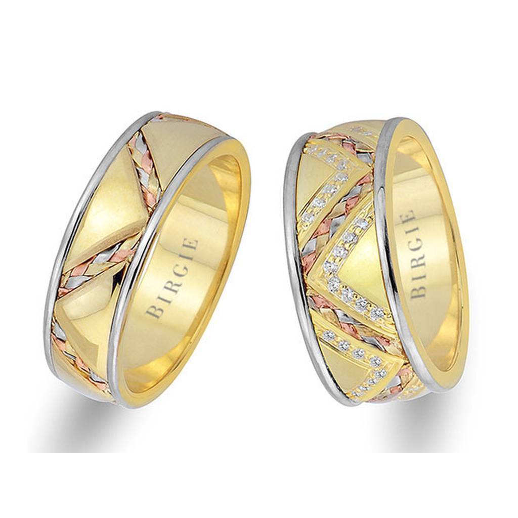 Diagonal Braided Design Yellow Gold 3 Coloured Wedding Band w/ Diamonds