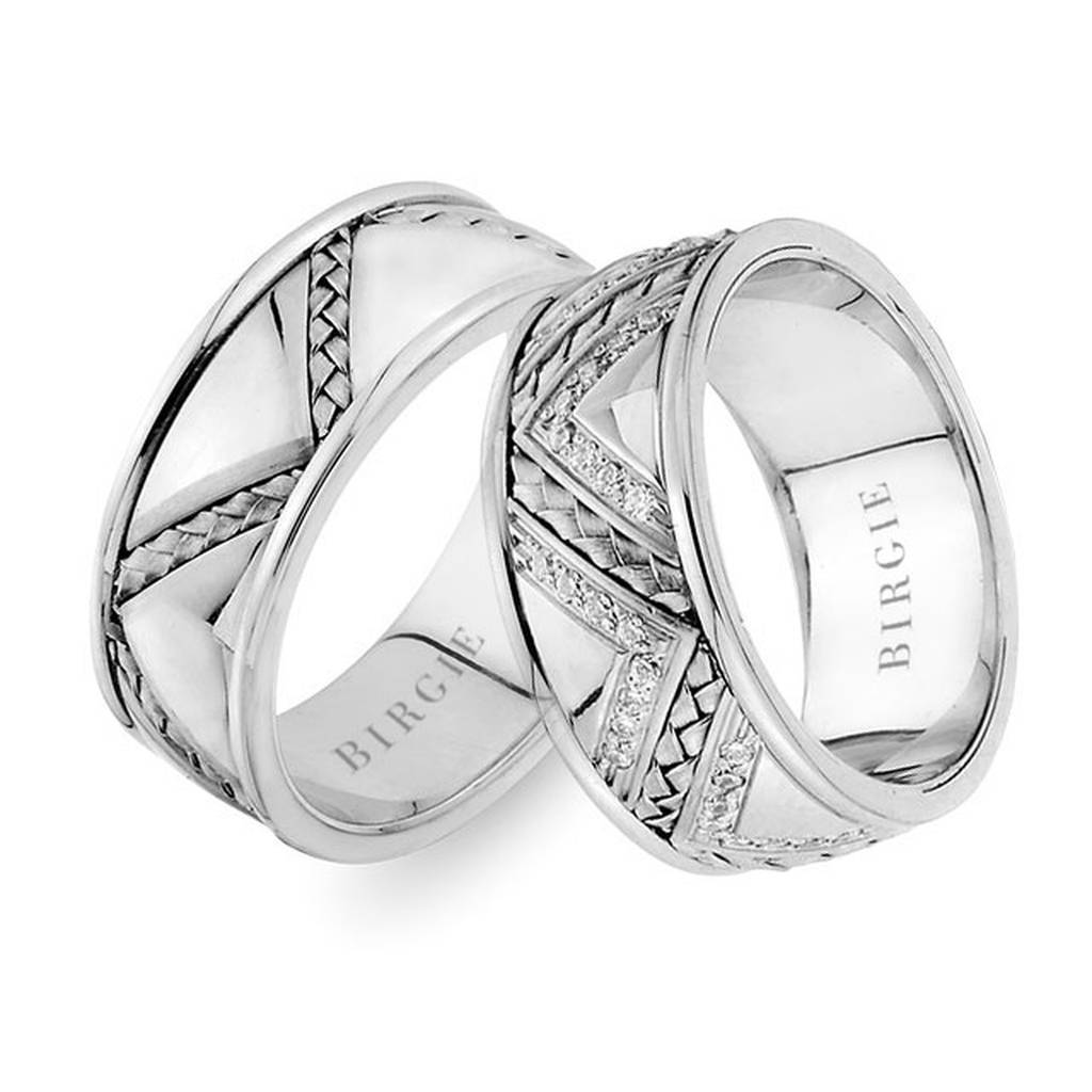 Diagonal Braided Design White Gold 3 Coloured Wedding Band w/ Diamonds