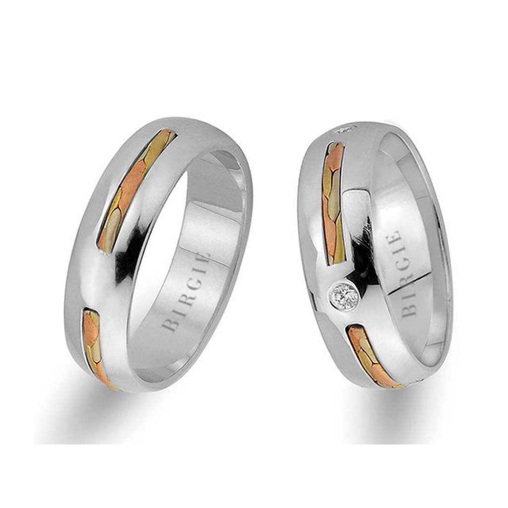 Modern Design White Gold 3 Coloured Wedding Band w/ Single Diamond