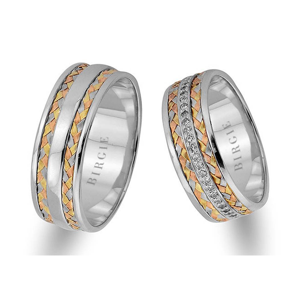 Braided Design White Gold 3 Coloured Wedding Band w/ Diamonds