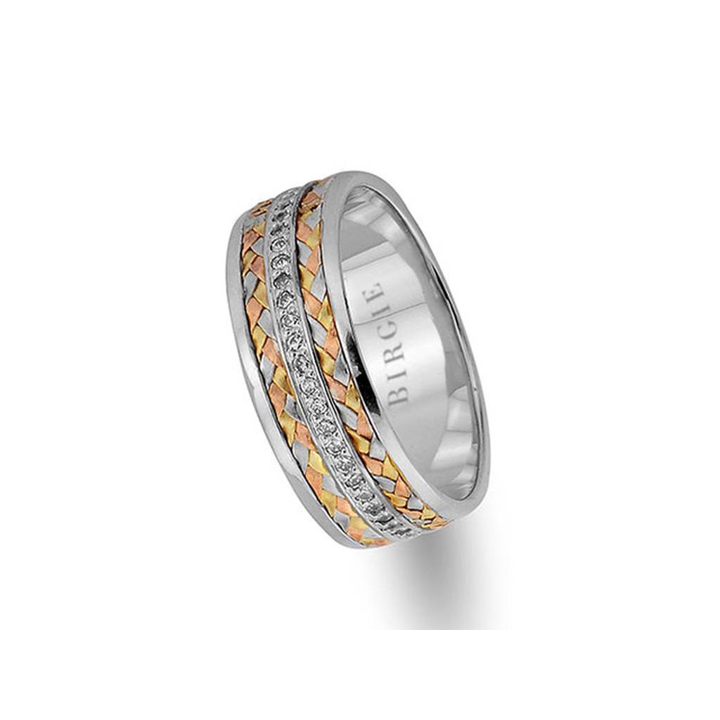 Braided Design White Gold 3 Coloured Wedding Band w/ Diamonds