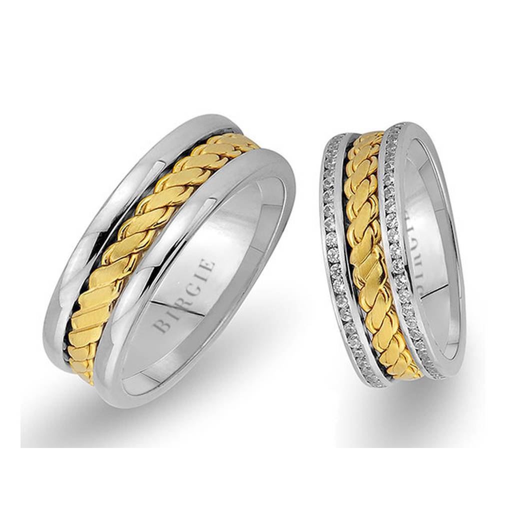 Twirling Design White and Yellow Gold Wedding Band w/ Twin Line Diamonds