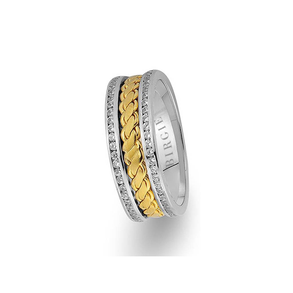 Twirling Design White and Yellow Gold Wedding Band w/ Twin Line Diamonds