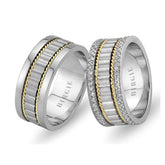 Bird's Nest White and Yellow Gold Wedding Band w/ Twin Line Diamonds