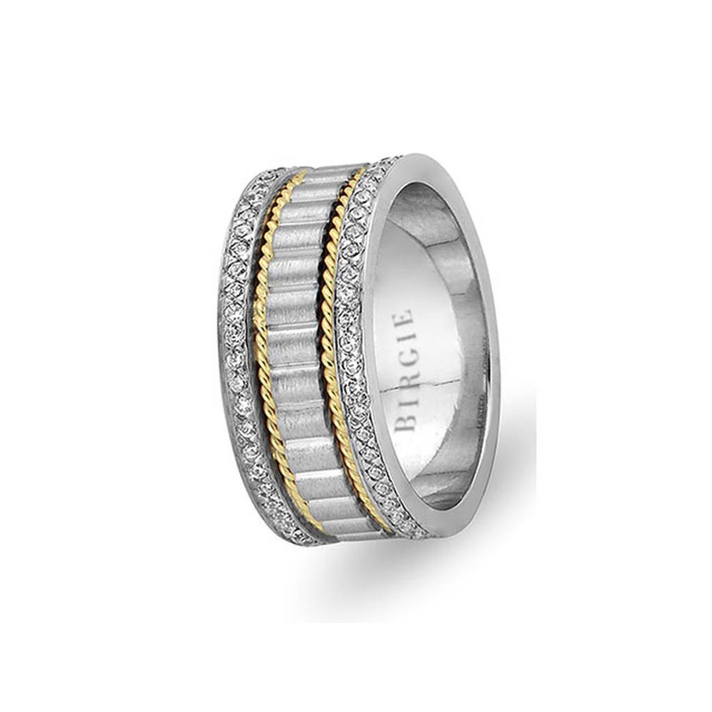 Bird's Nest White and Yellow Gold Wedding Band w/ Twin Line Diamonds