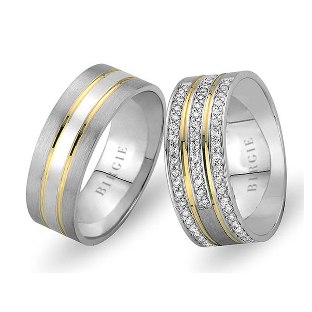 White and Yellow Gold Concave Wedding Band w/ Triplet Diamonds