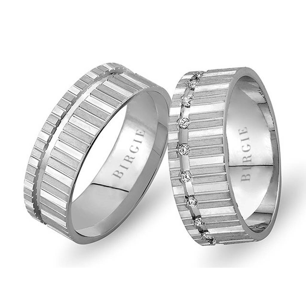 Grooved White Gold East Wedding Band w/ Twin Line Diamonds